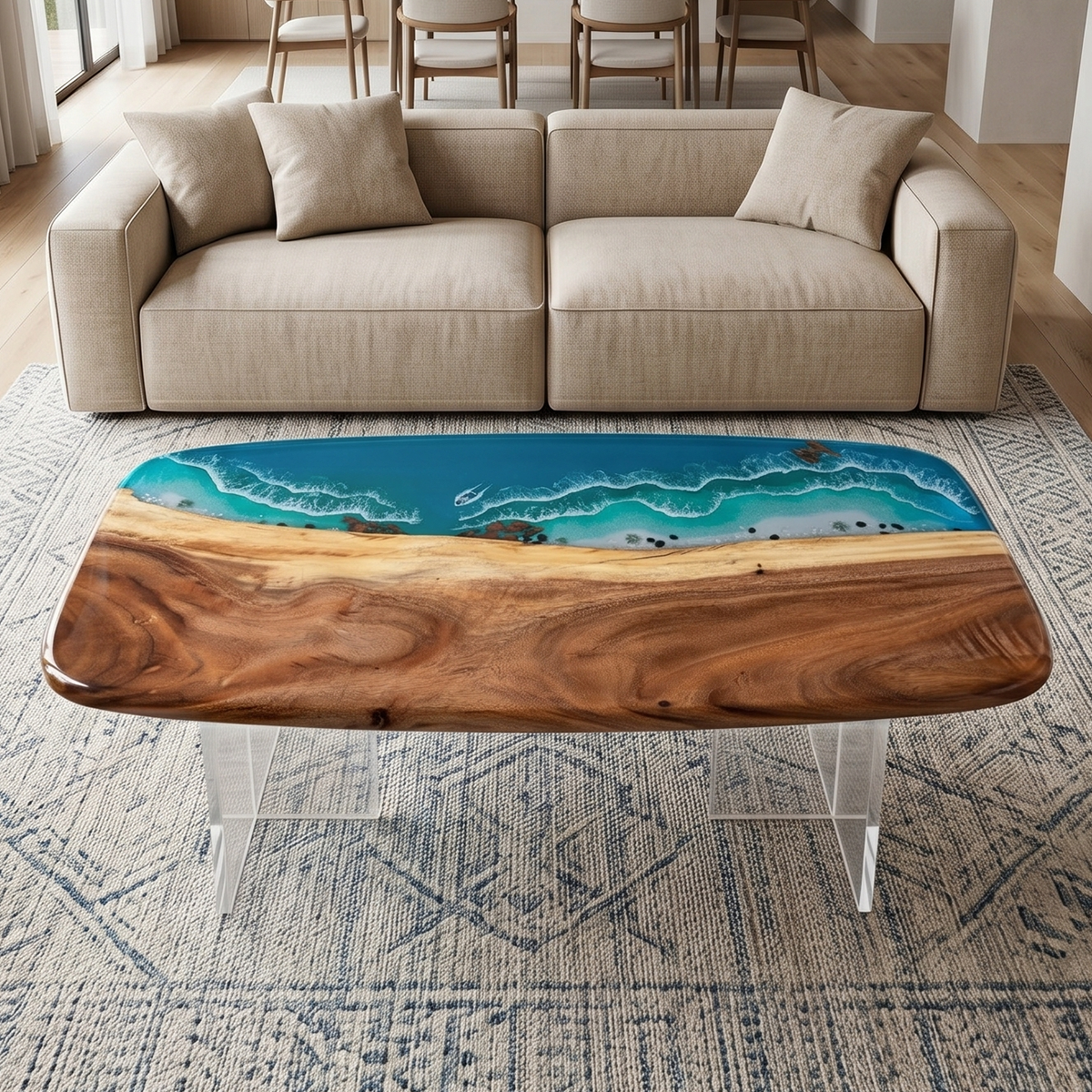 Walnut Wood Blue Wave Rectangle Resin Coffee Table