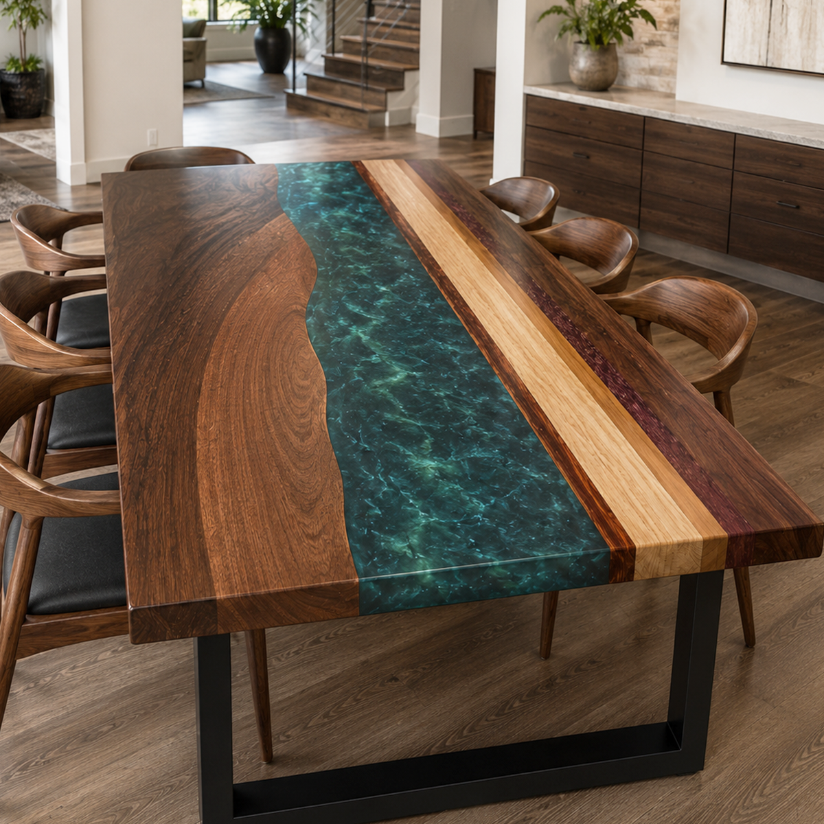 Black Walnut with Swirl Green Epoxy Resin Dining Table