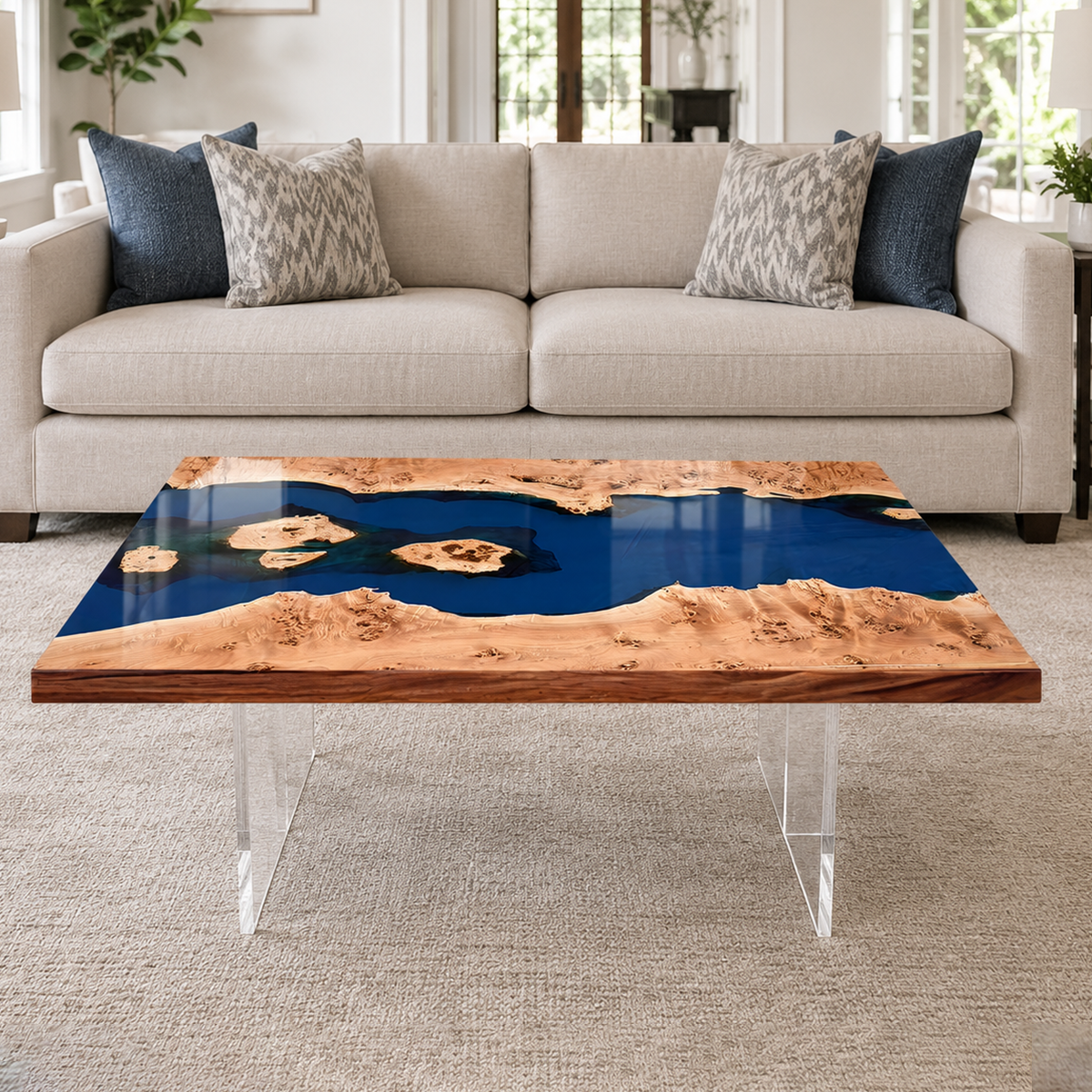 Poplar Wood Blue River Rectangle Resin Coffee Table