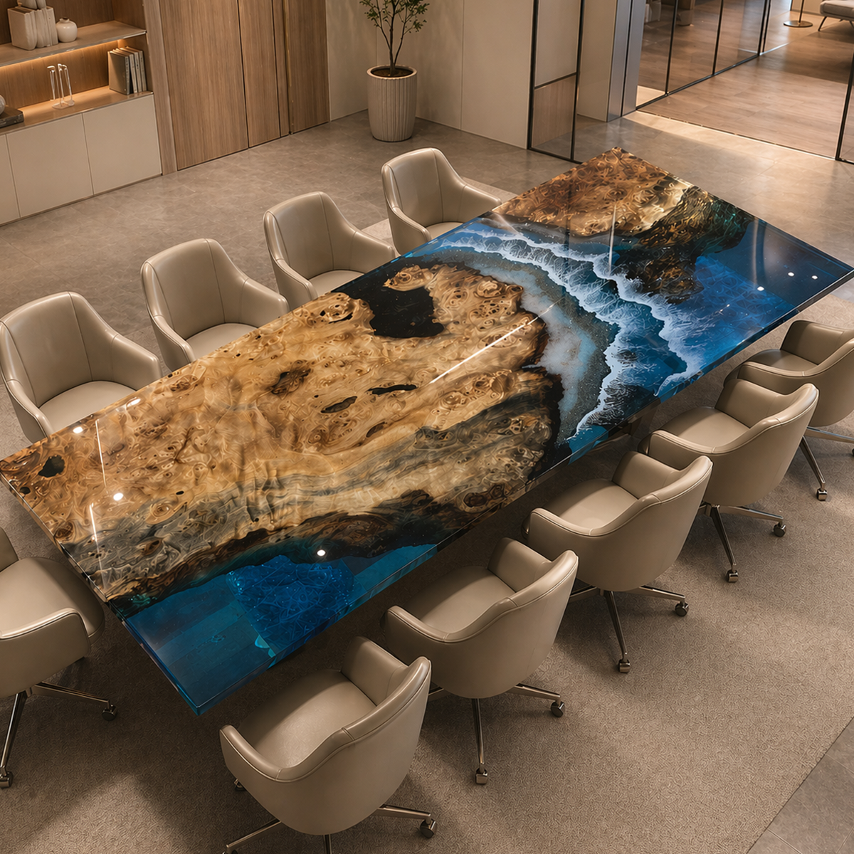 Olive Wood Ocean Wave Epoxy Resin Conference Table