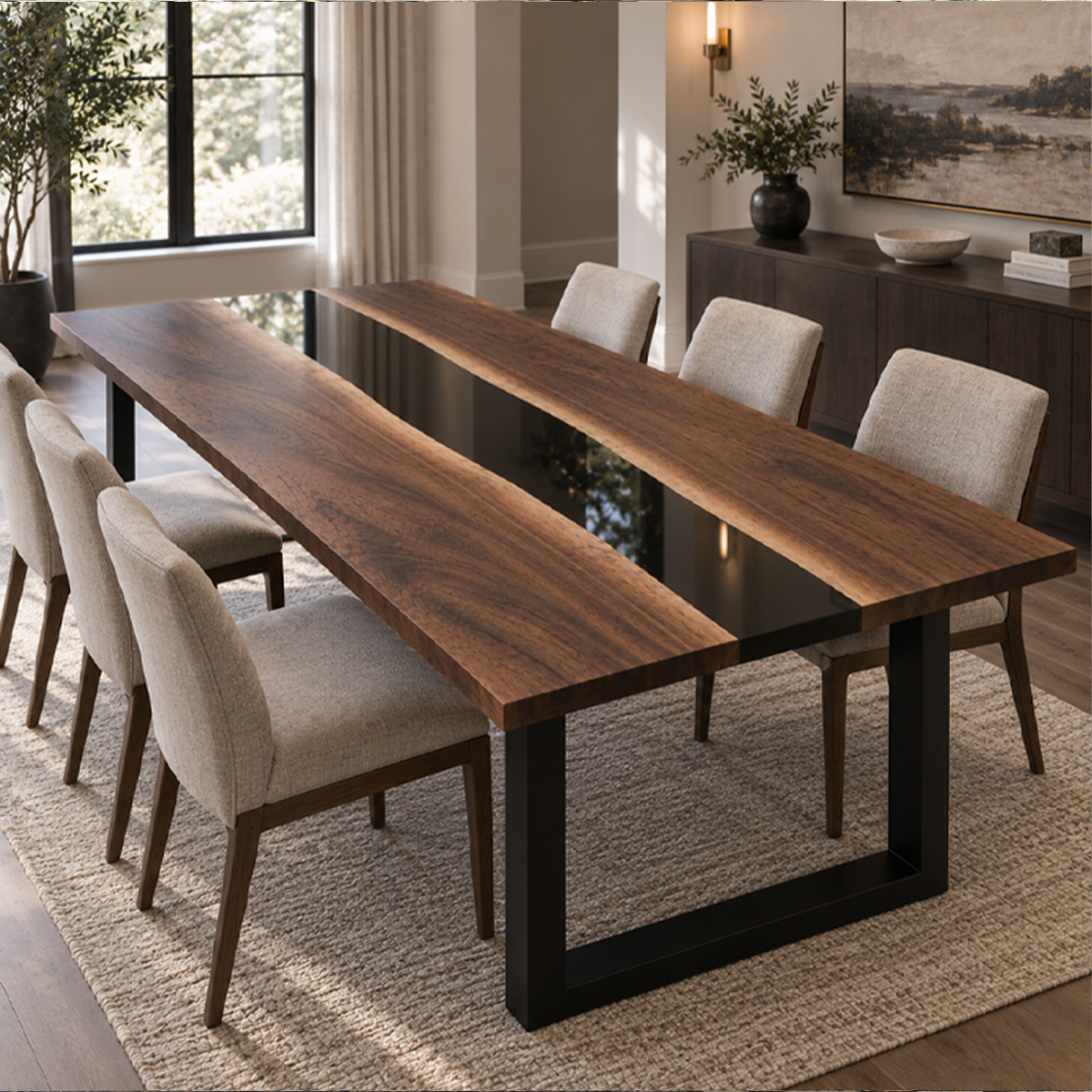 Handcrafted Black Walnut Black River Epoxy Resin Table for Dining Room