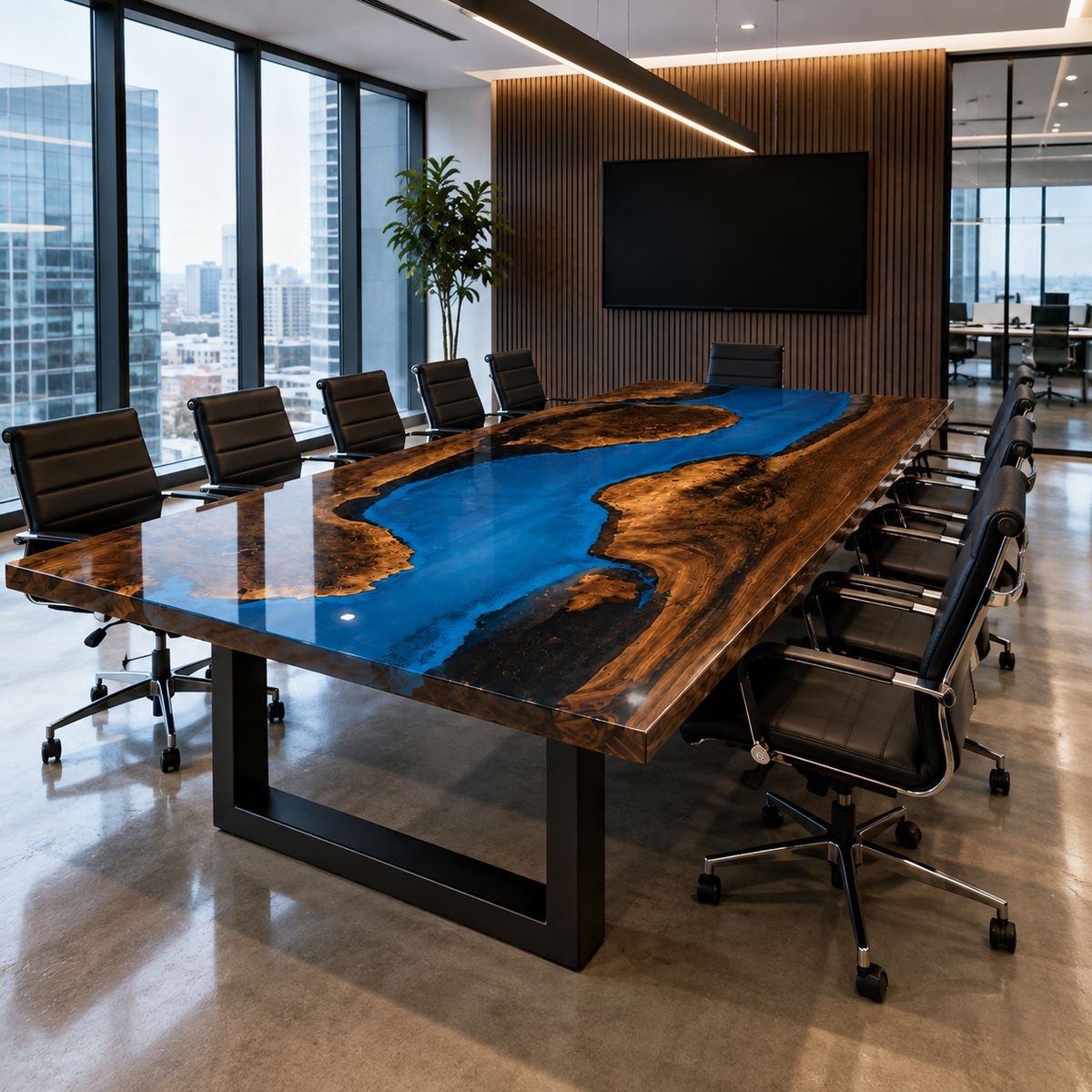 Luxury Black Walnut Wood Blue River Epoxy Conference Table