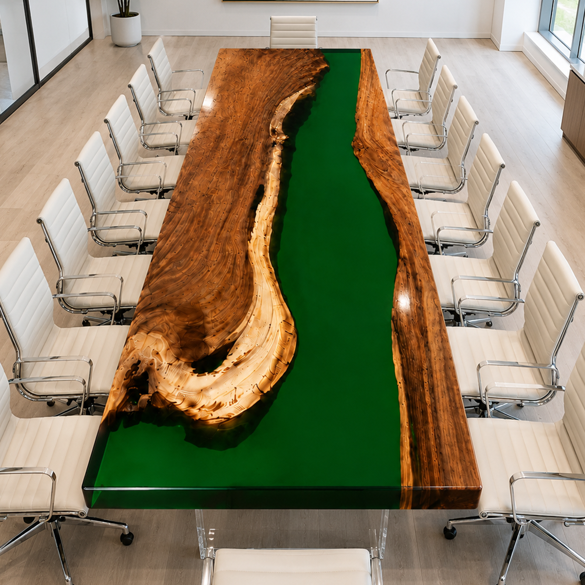 Walnut Wood with Green Epoxy Resin Conference Table
