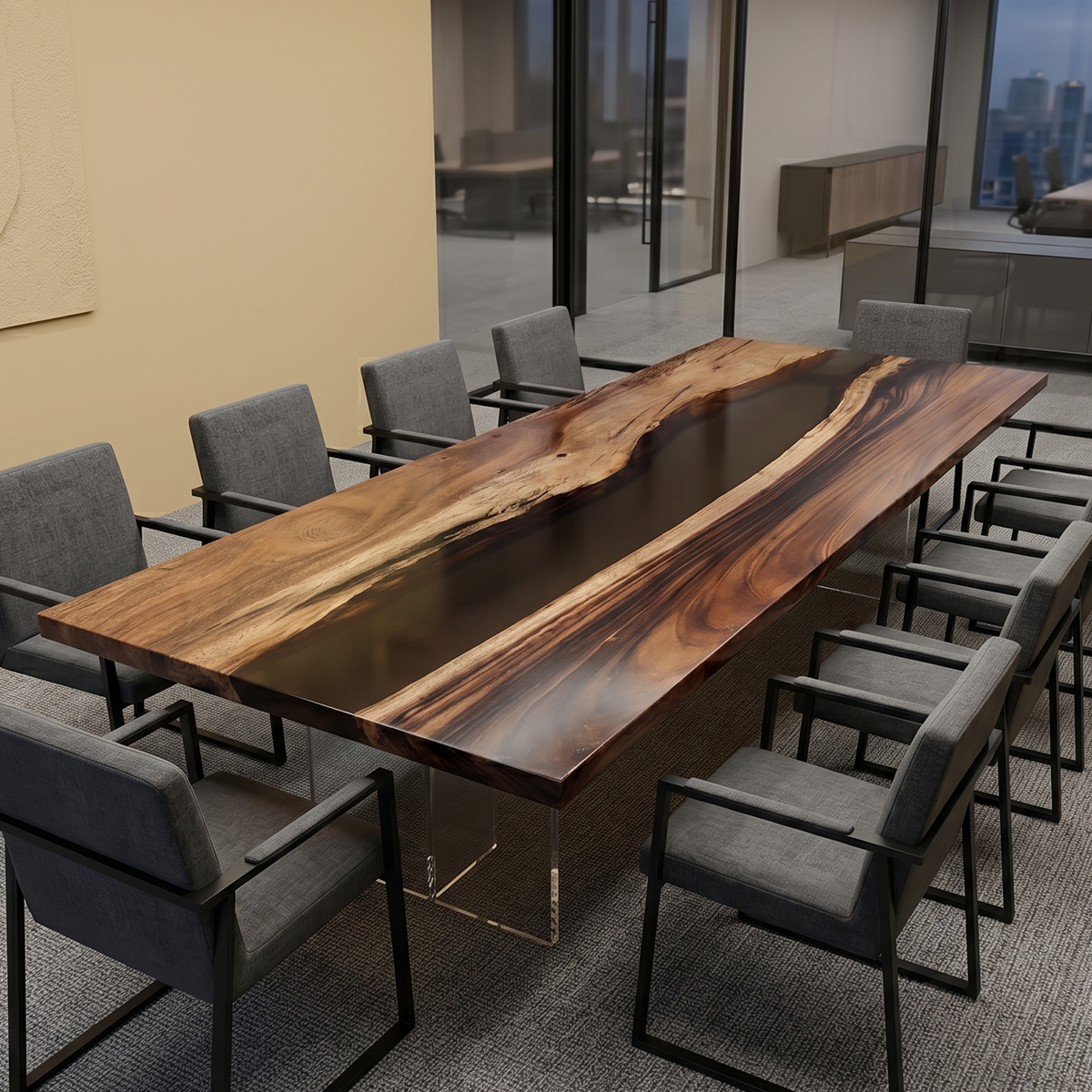 Black Walnut Wood Black River Epoxy Resin Conference Table