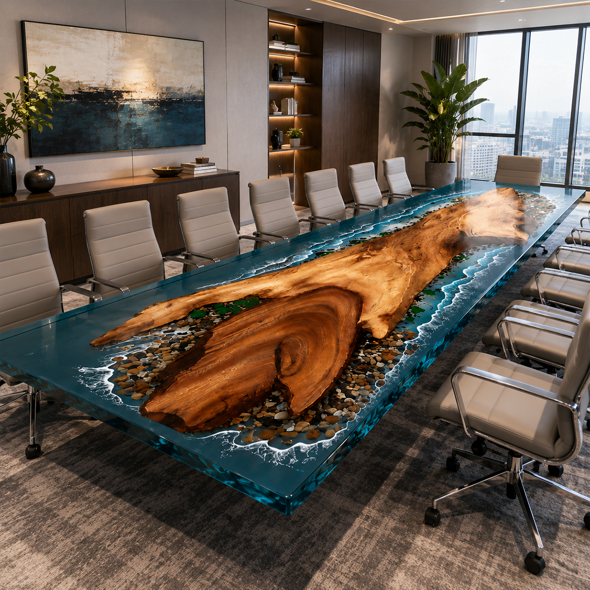 Walnut Wood with Blue Wave Epoxy Resin Conference Table