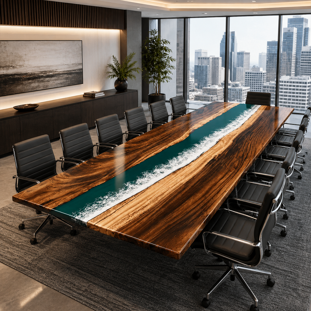 Walnut Wood with Green Wave Epoxy Resin Conference Table