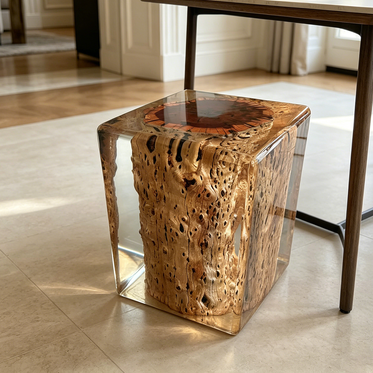 Epoxy Resin Encased Burl Wood Cube Stool