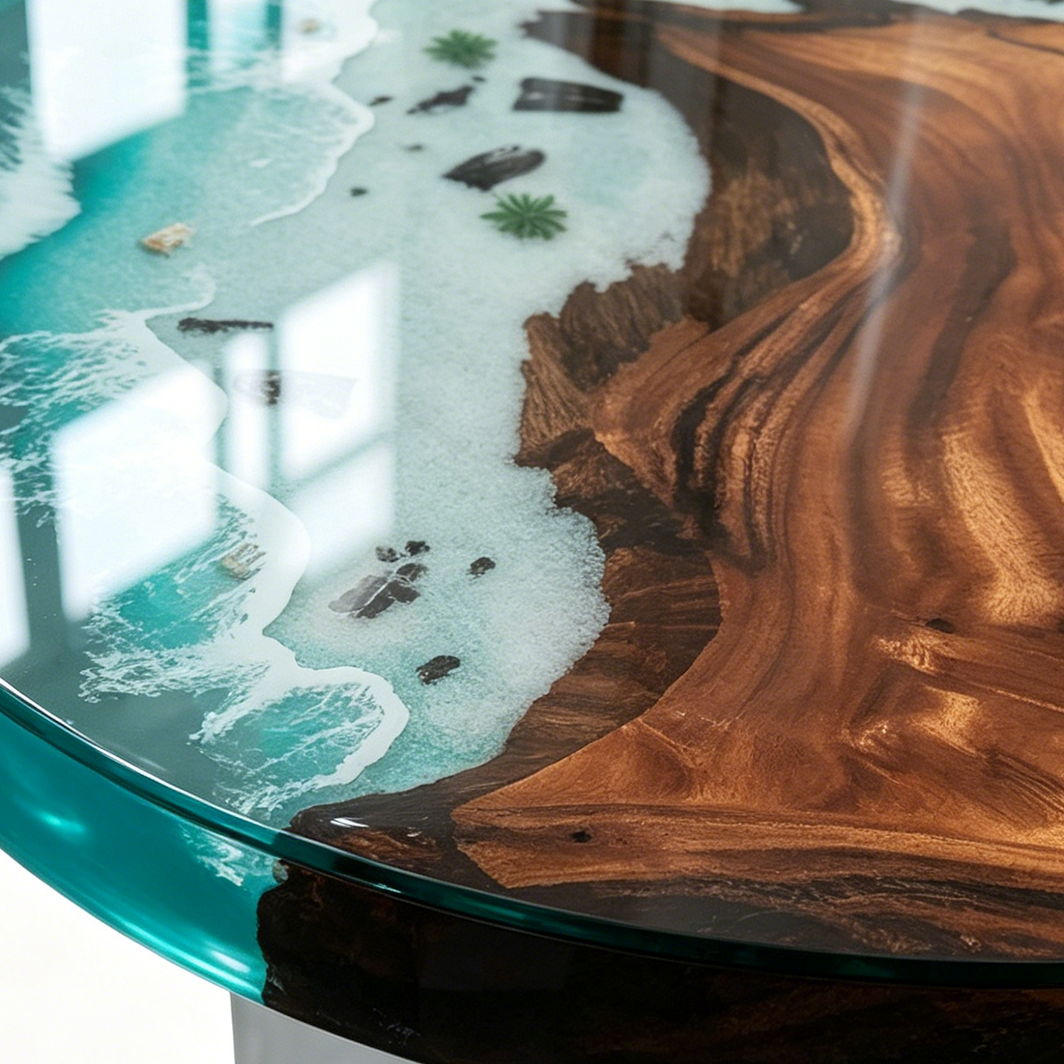 Walnut Wood Blue Wave Resin Round Table