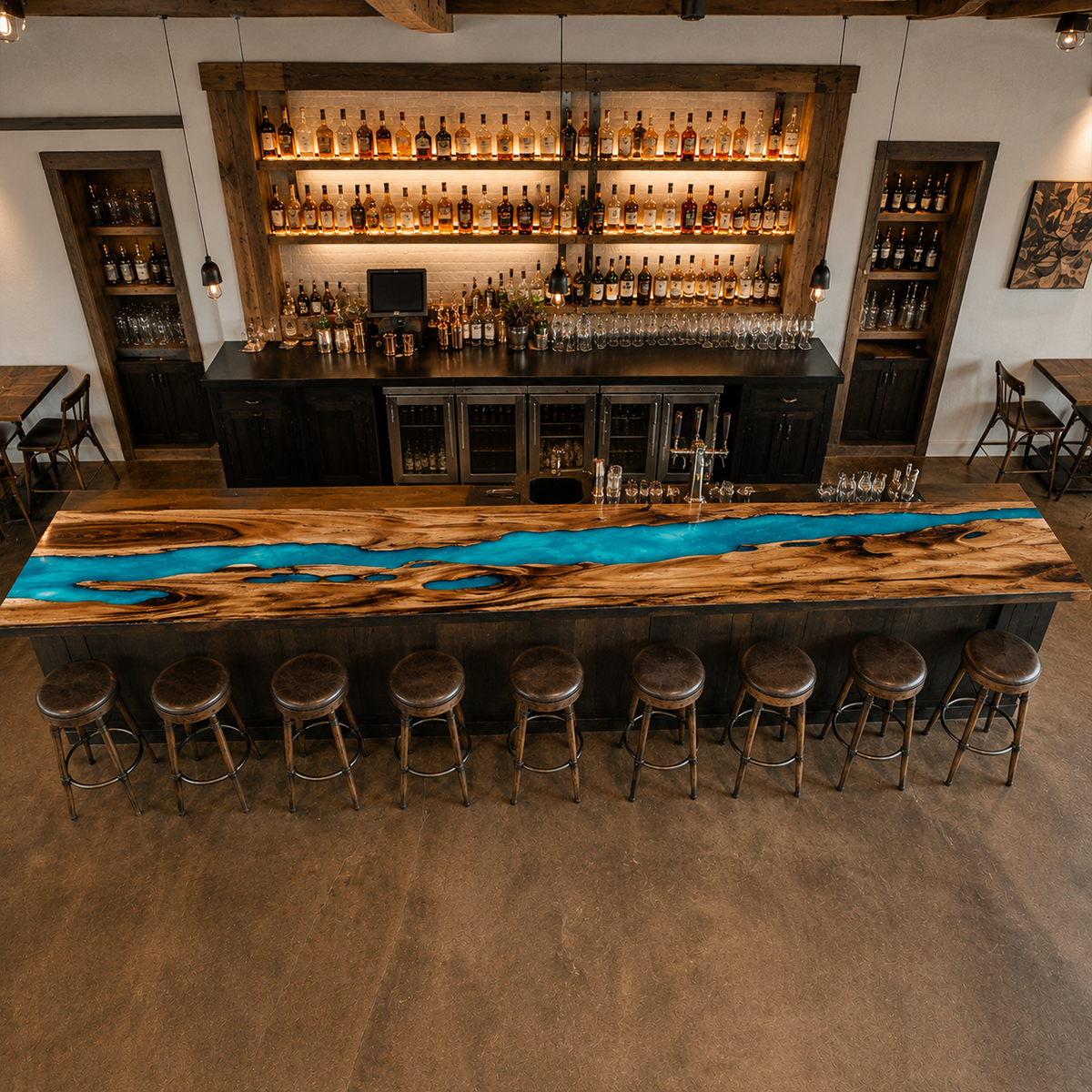 Walnut Wood Ocean Wave Inlay Counter Height Epoxy Resin Bar Table