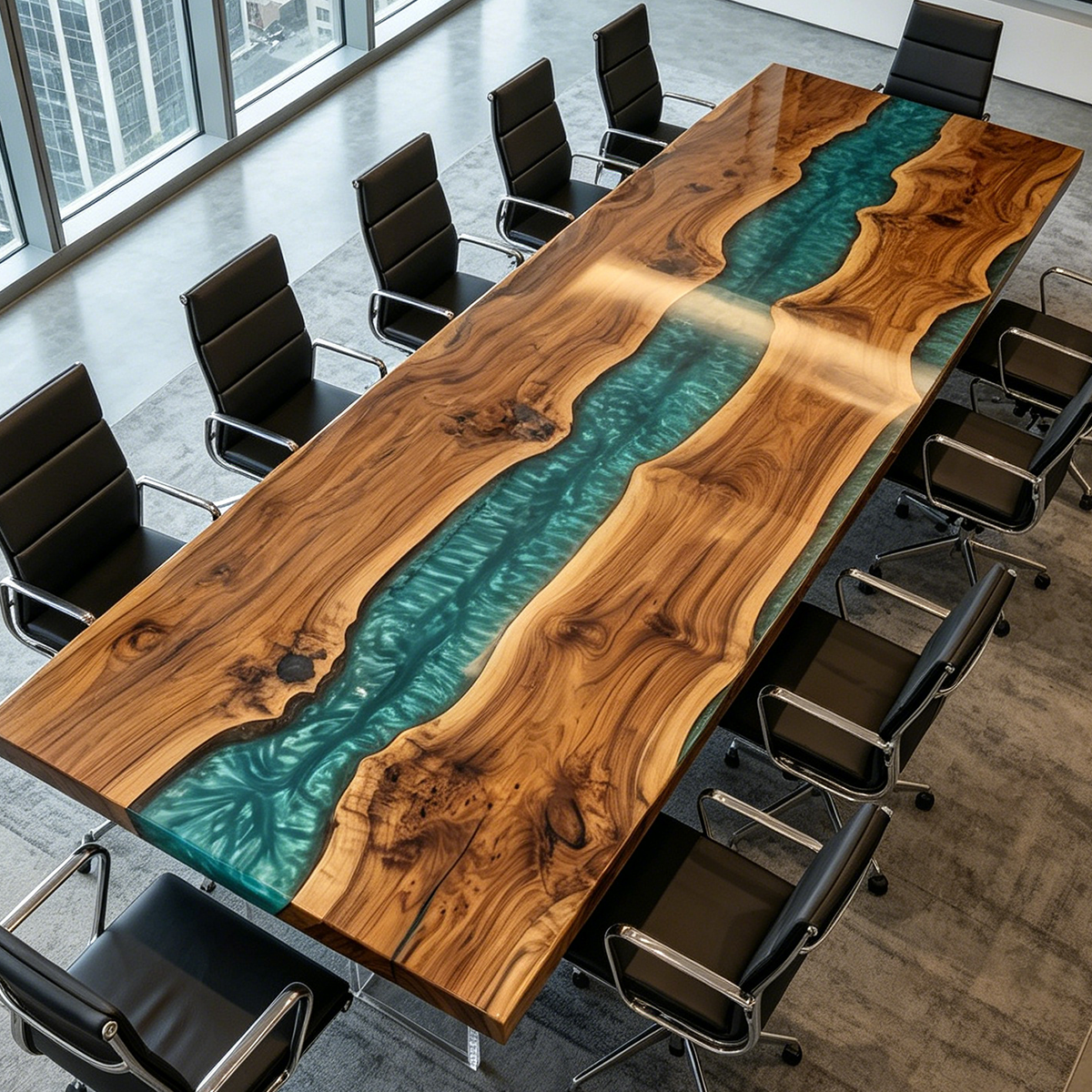 Live-Edge Walnut Wood Swirl Green Epoxy Resin River Table