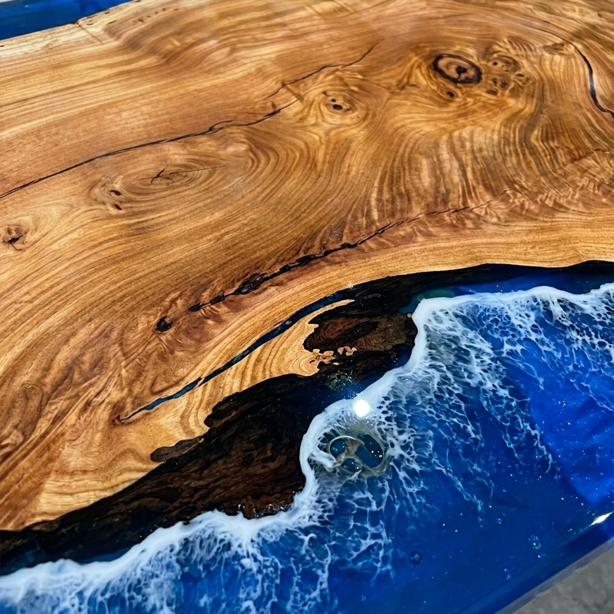 Rectangle Olive Wood Blue Epoxy Resin Ocean Wave Dining Table