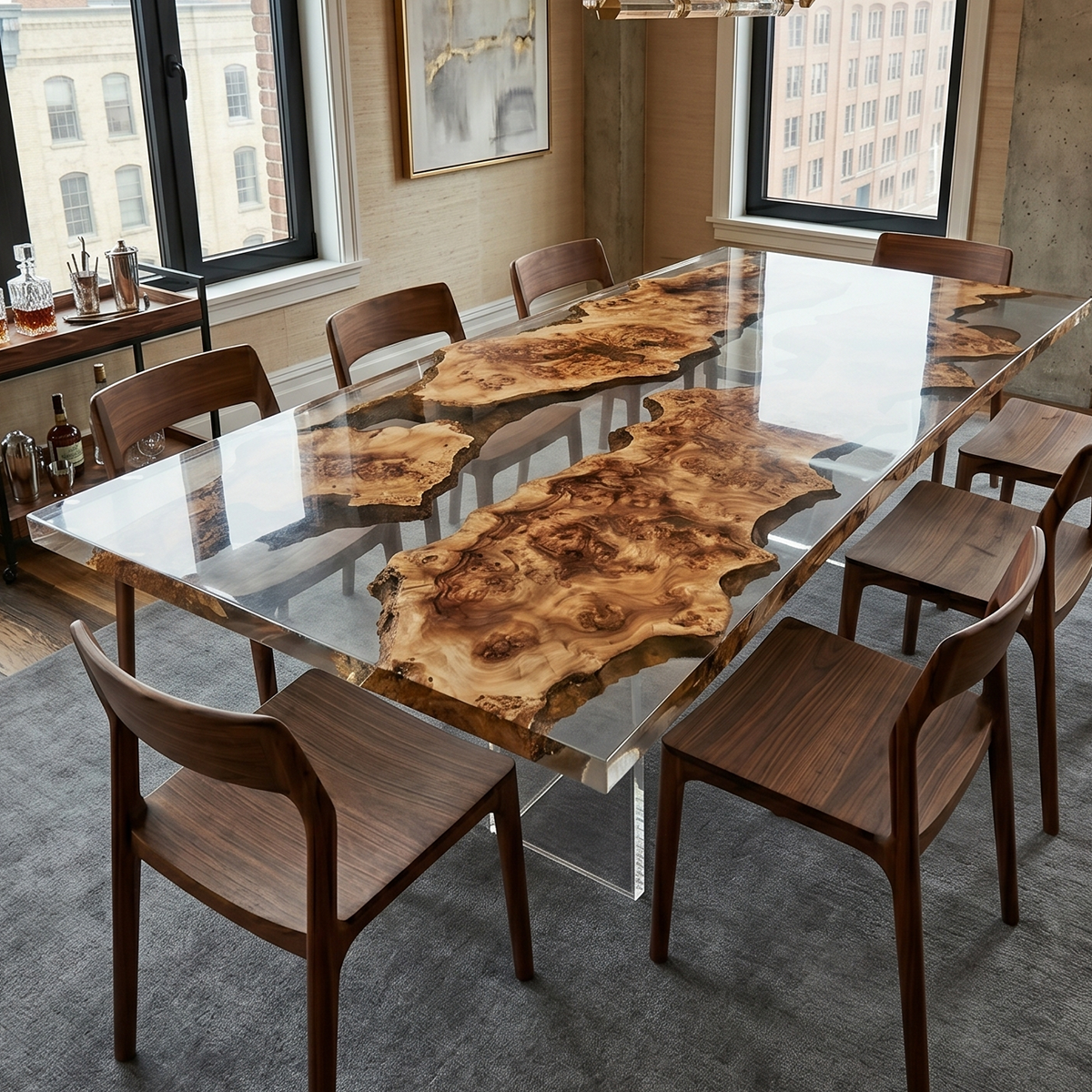 Popar Wood Clear Epoxy Resin Dining Table