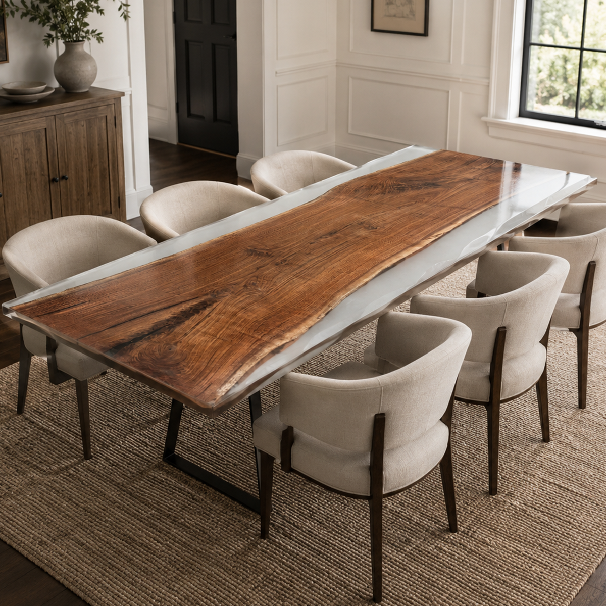 Black Walnut Wood with White Transparent Epoxy Resin Dining Table 31.5"W x 86.6"L Thickness 1.2"