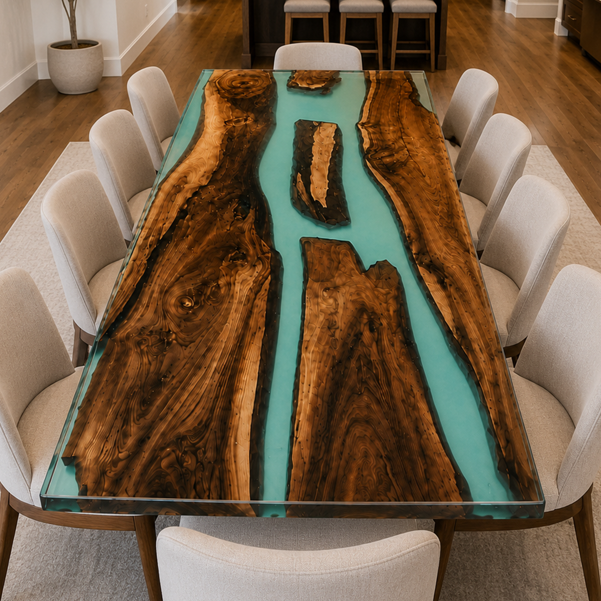 Walnut Wood with Transparent Epoxy Resin Dining Table