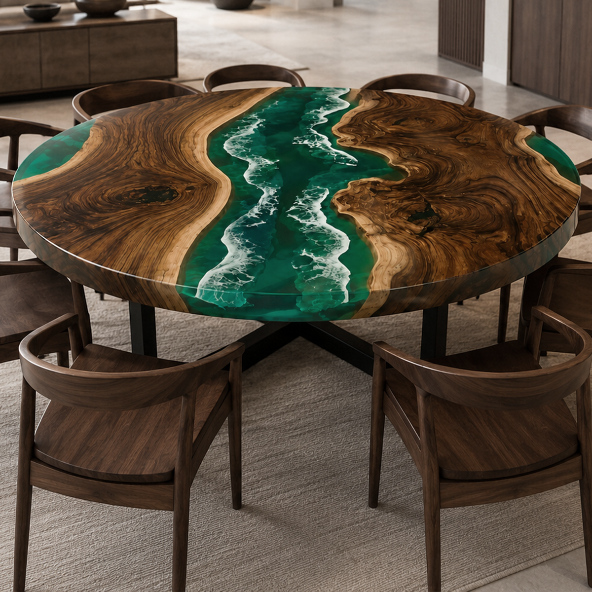 Black Walnut with Green Wave Epoxy Resin Round Table