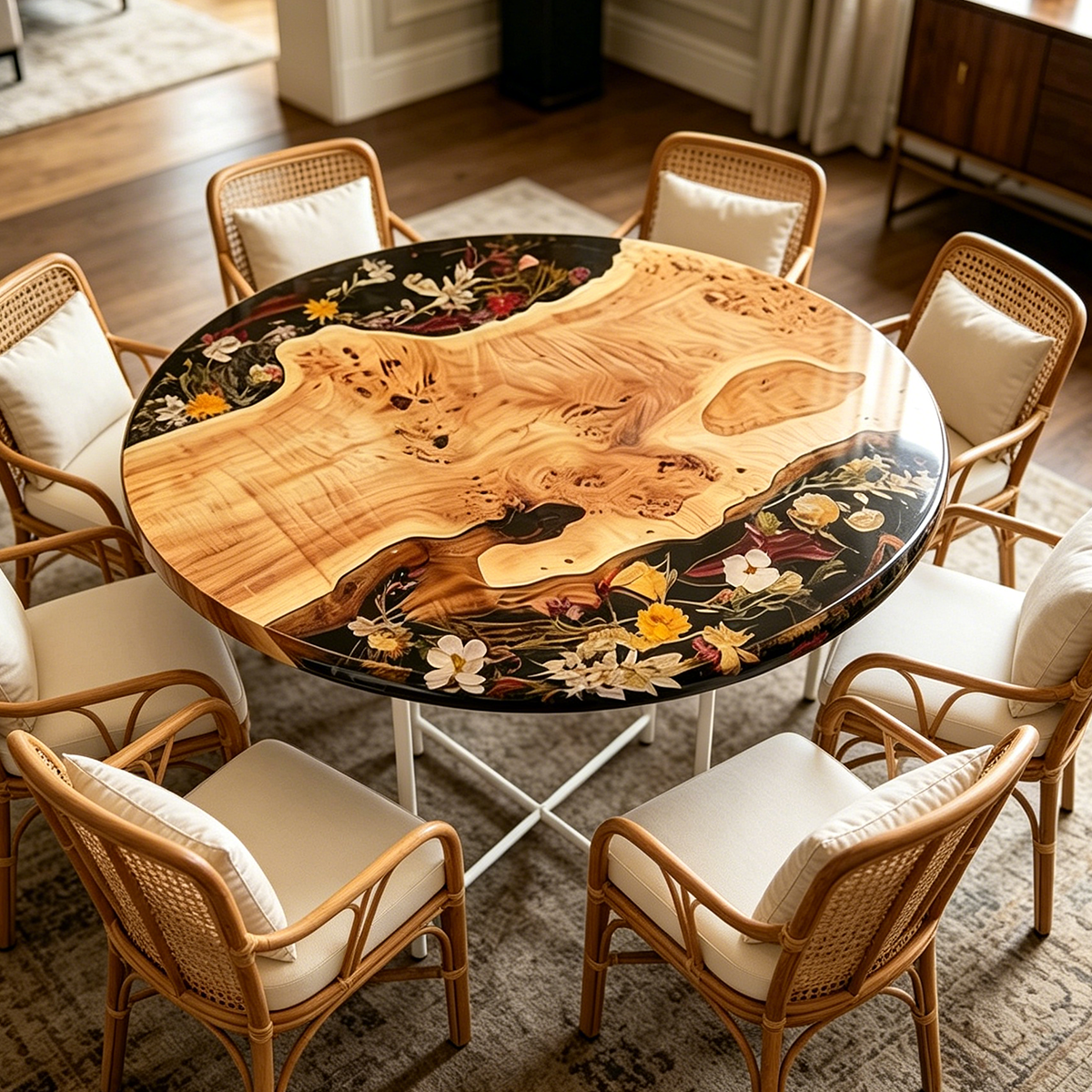 Poplar Wood Flower Round Resin Table