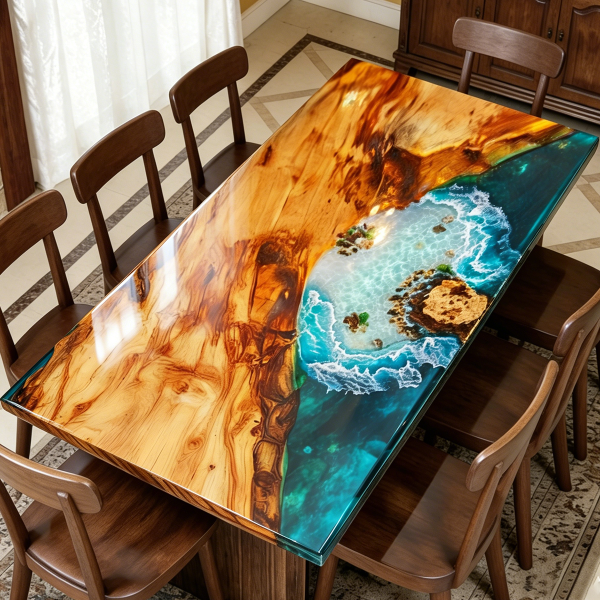 Luxury Wood Epoxy Table with Ocean/ Wave Blue Resin