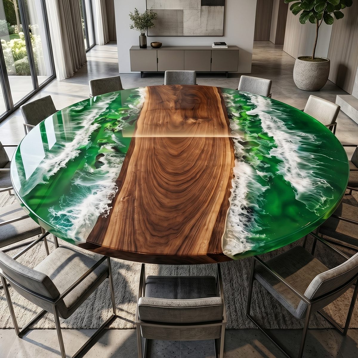 Walnut Wood Green Wave Epoxy Resin Round  Coffee Table