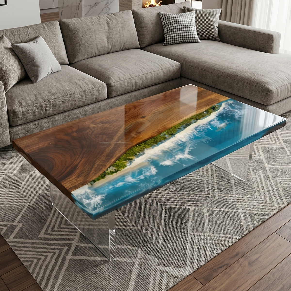 Black Walnut Wood Blue Wave Rectangle Resin Coffee Table