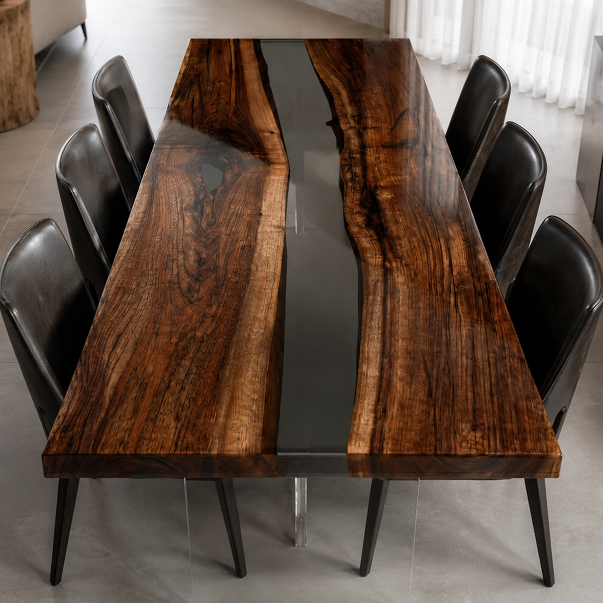 Black Walnut Wood with Transparent Epoxy Resin Dining Table 31.5"W x 78.7"L Thickness 1.6"
