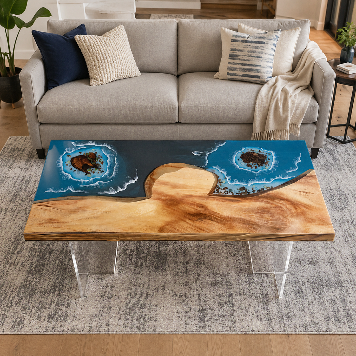 Walnut Wood Blue Wave Rectangle Resin Coffee Table