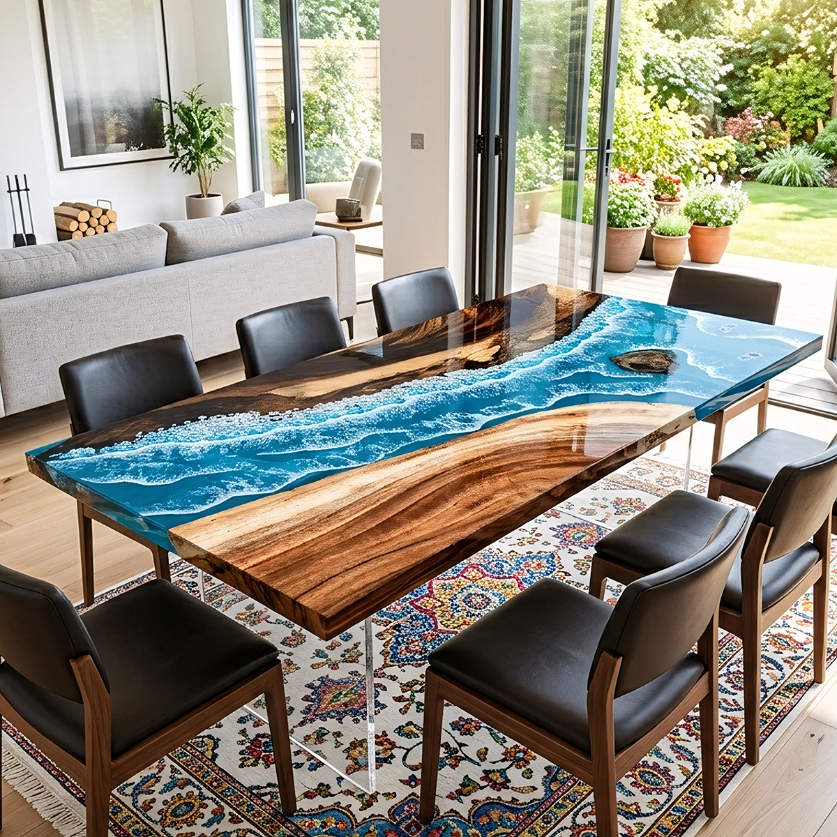 Walnut Wood Blue River Rectangle Epoxy Resin Dining Table
