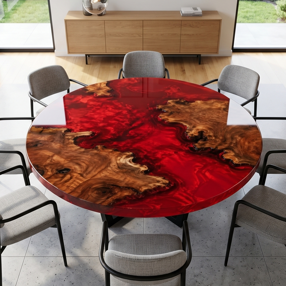 Round Burl Wood Red Epoxy Resin Coffee Table