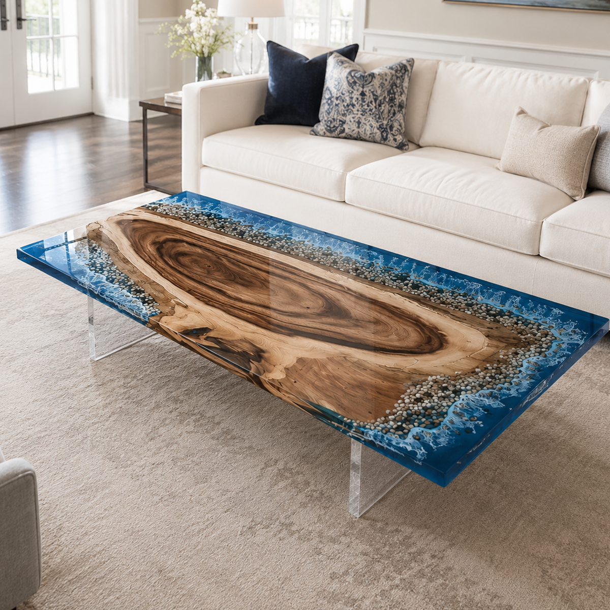Walnut Wood Ocean Scene Rectangle Resin Coffee Table