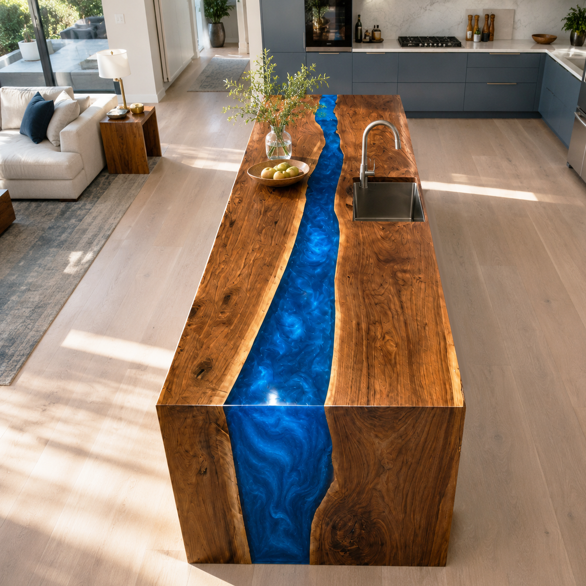 Walnut Wood Swirling Blue Epoxy Resin Table and Kitchen Bar Cabinet