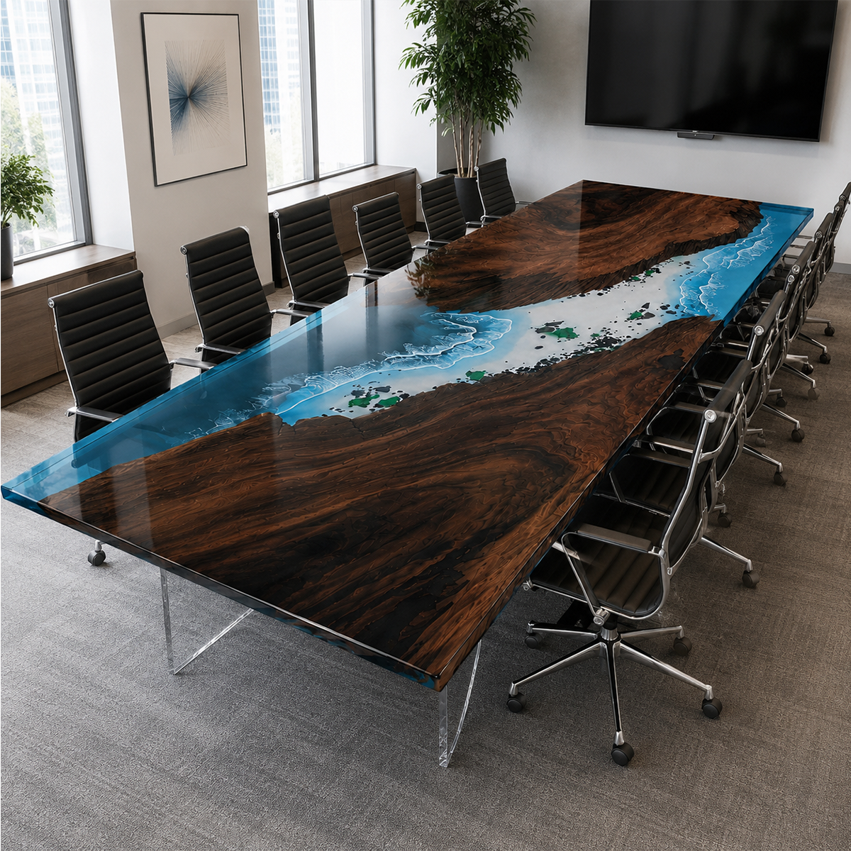 Black Walnut with Island Epoxy Resin Conference Table