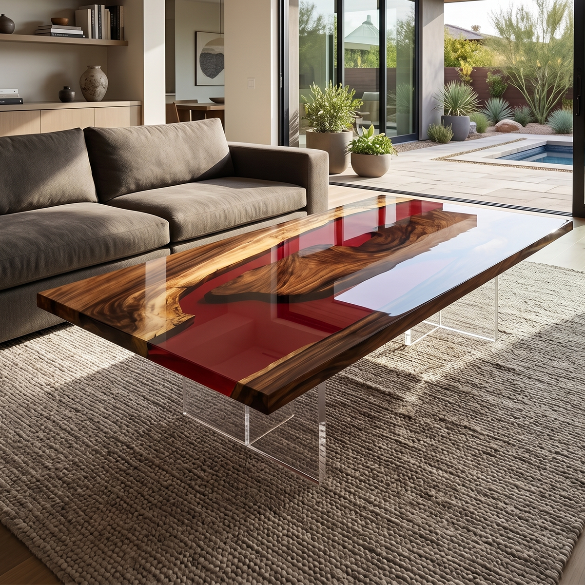 Walnut Red Epoxy Resin River Coffee Table