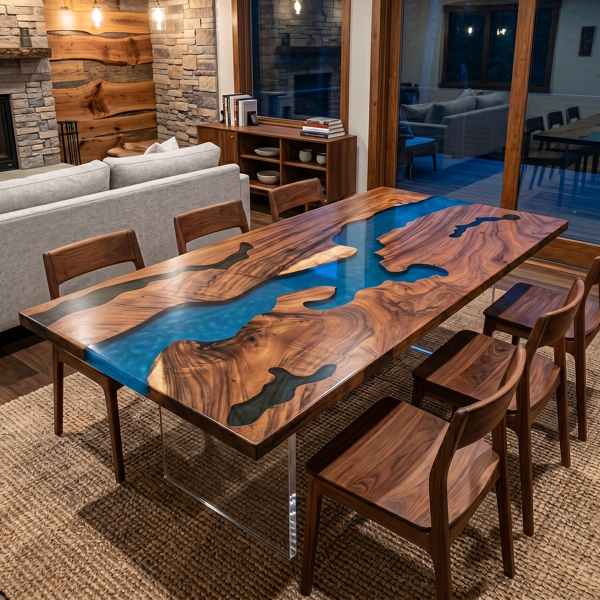 Walnut Wood Blue River Rectangular Epoxy Resin Dining Table