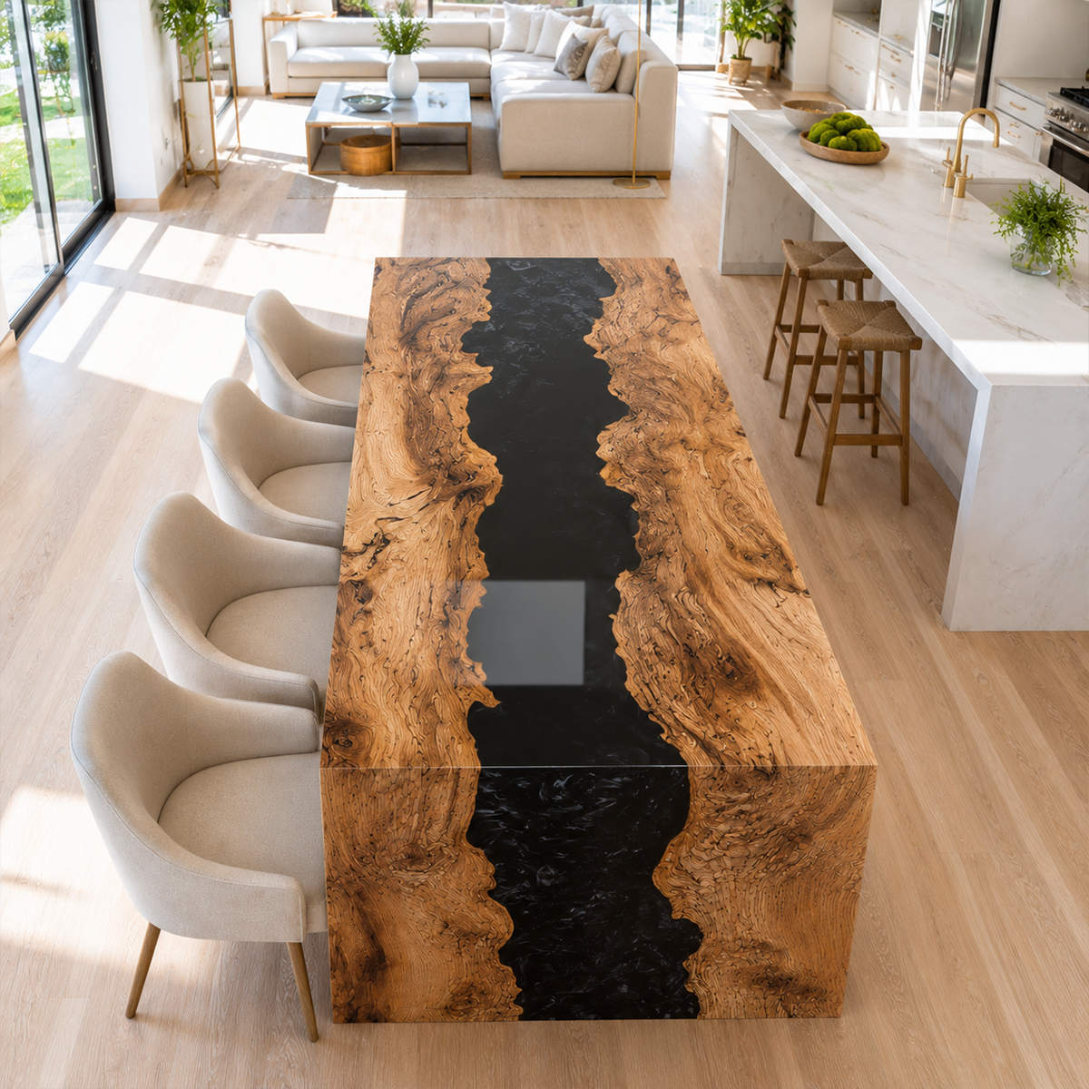 Olive Wood Black River Epoxy Resin Waterfall Dining Table