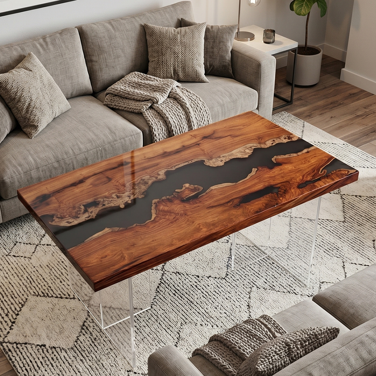 Burl Wood Black River Rectangle Resin Coffee Table