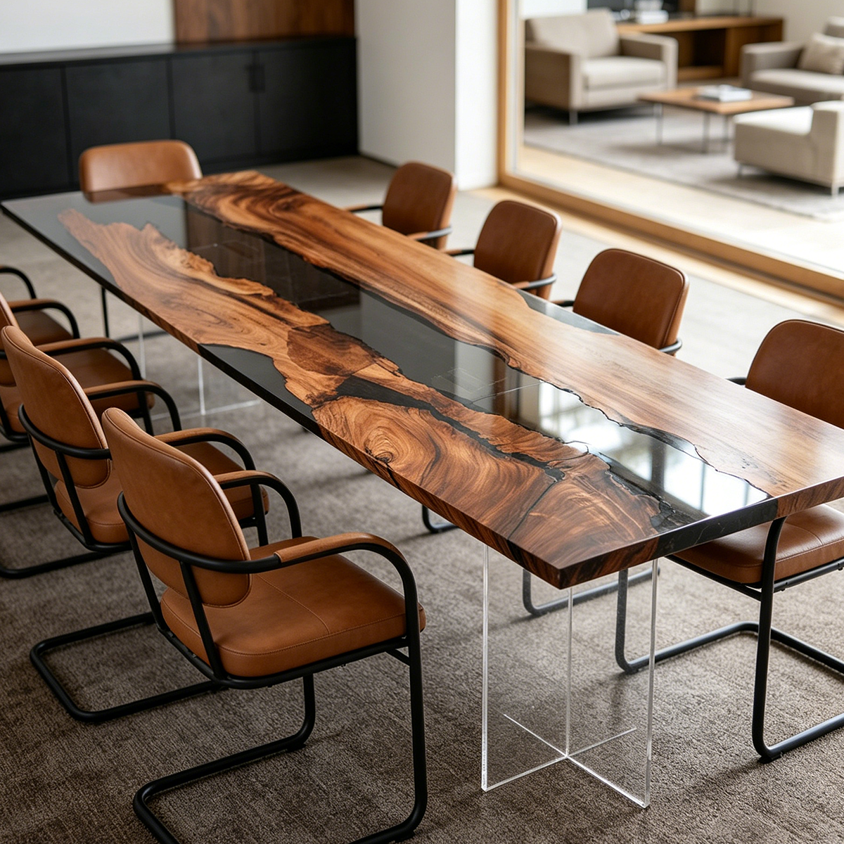 Black Walnut Wood Black River Rectangle Resin Conference Table