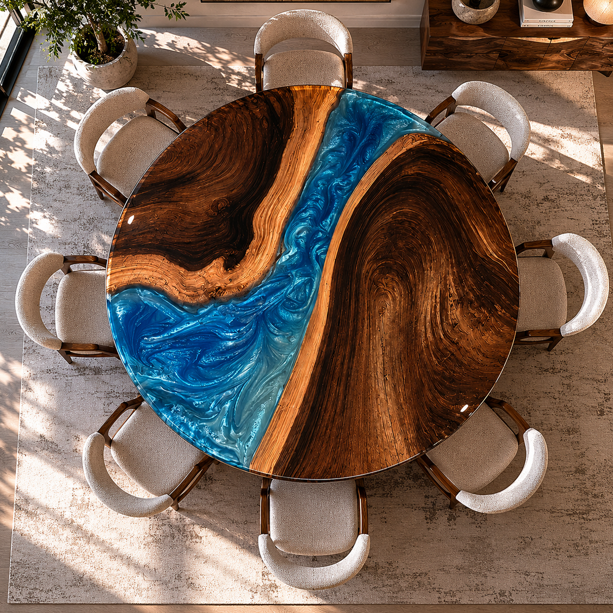 Black Walnut with Swirl Blue Epoxy Resin Round Table