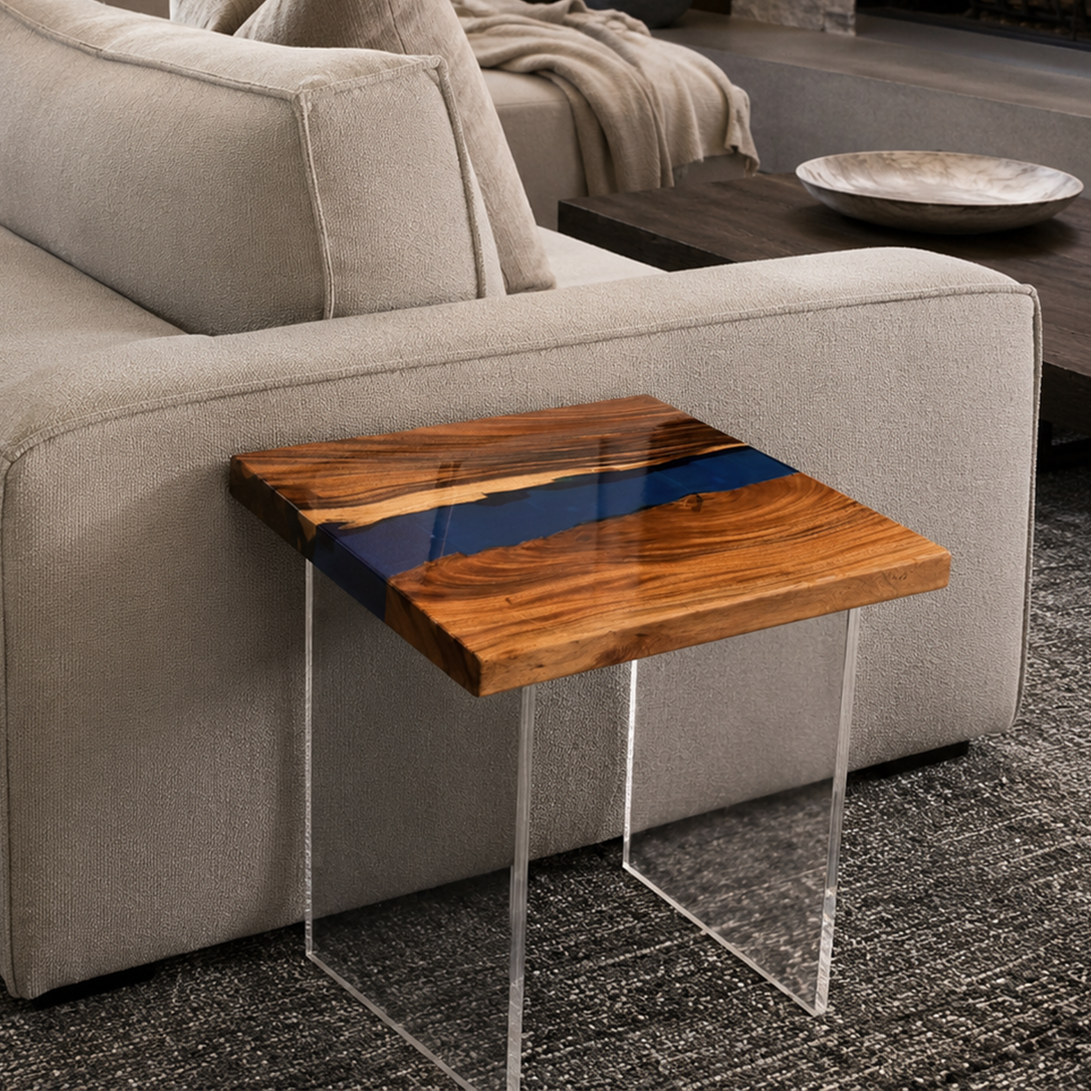 Walnut Wood Resin Blue River Side Table