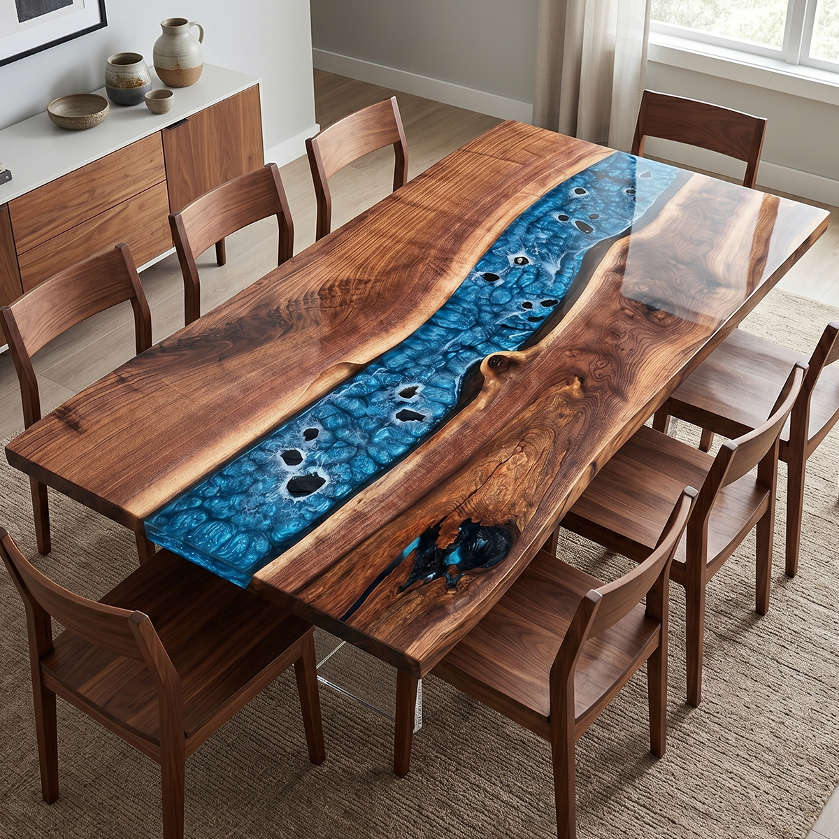Walnut Wood Epoxy Resin Turquoise Stream Dining Table