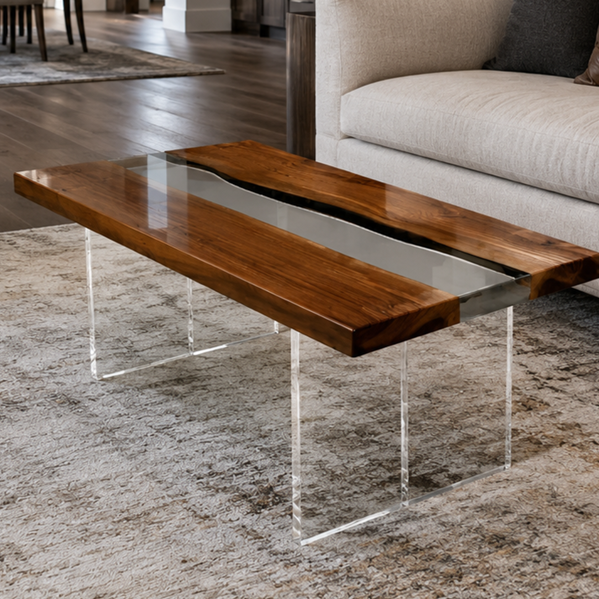 Black Walnut Wood with Clear Epoxy Resin Coffee Table 23.6"W x 47.2"L Thickness 2.0"