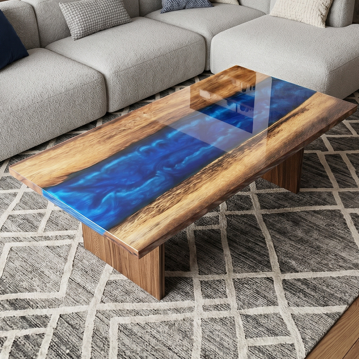 Walnut Wood Blue Sky Rectangle Resin Coffee Table