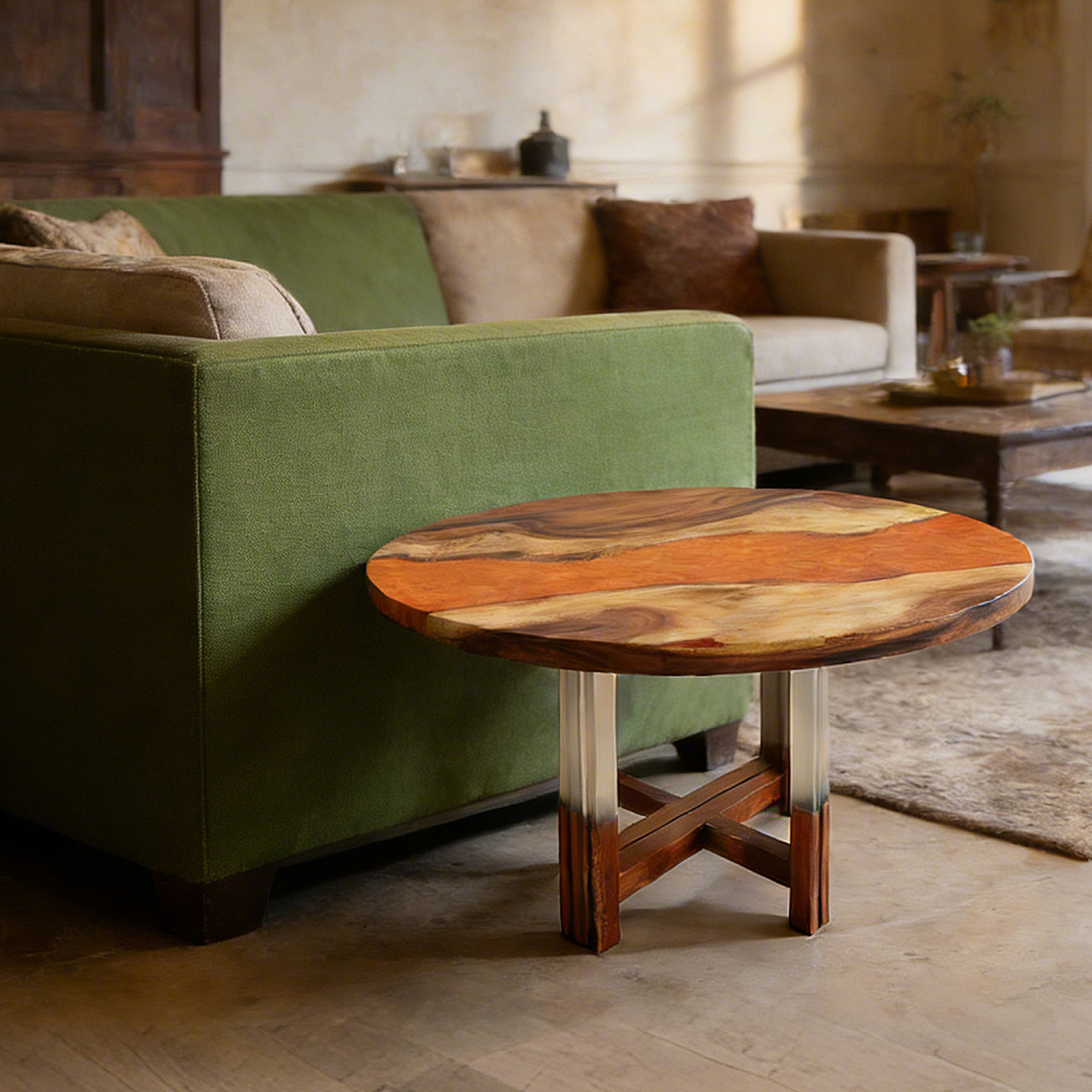 Walnut Wood Round Orange Resin Side Table