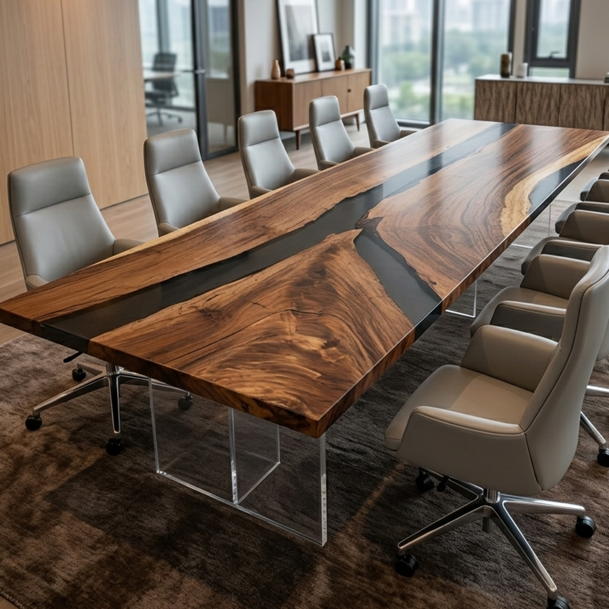 Walnut Wood Black River Rectangular Resin Conference Table