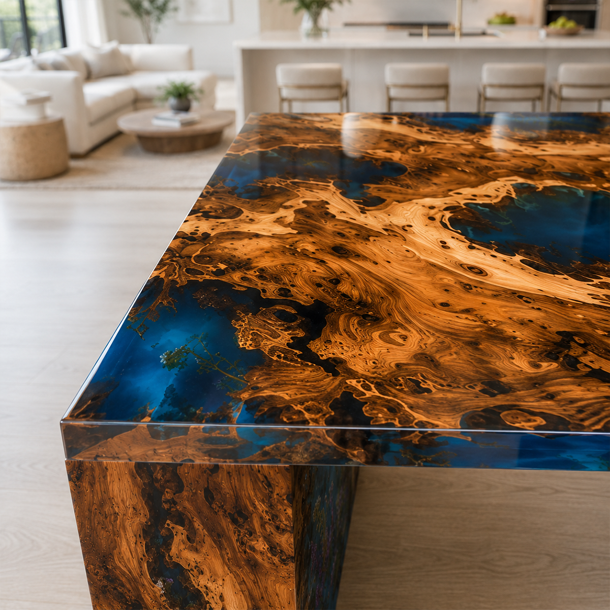 Walnut Wood Flower Blue Epoxy Resin Waterfall Dining Table
