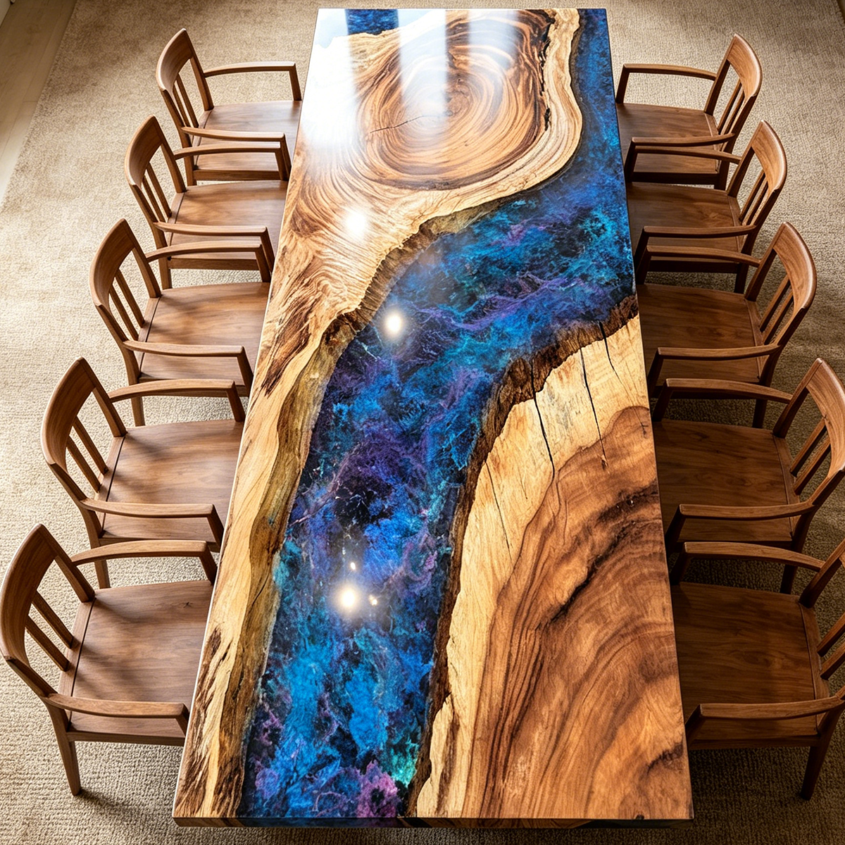 Walnut Wood Nebula Galaxy Epoxy Resin River Dining Table
