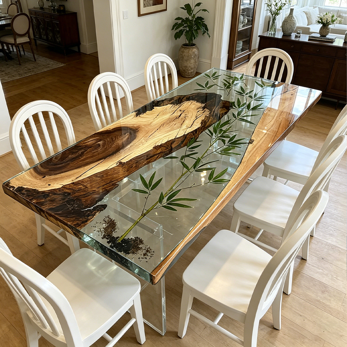 Bamboo Inlay Walnut Wood Resin Table 30"W x 67"L