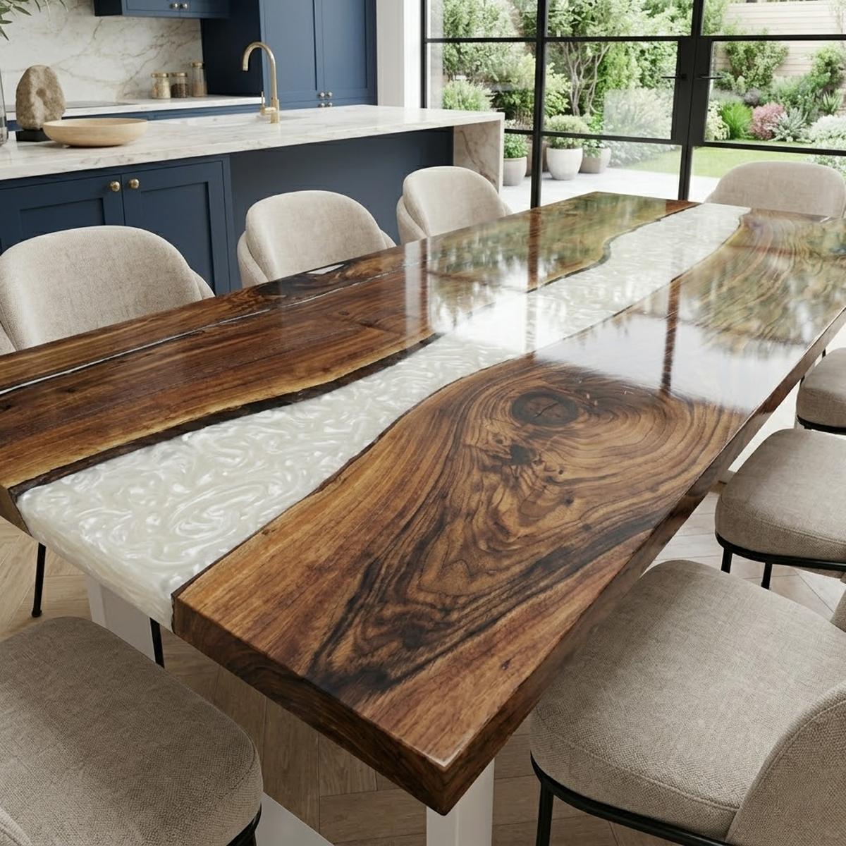Black Walnut White Pearl Epoxy Resin River Dining Table