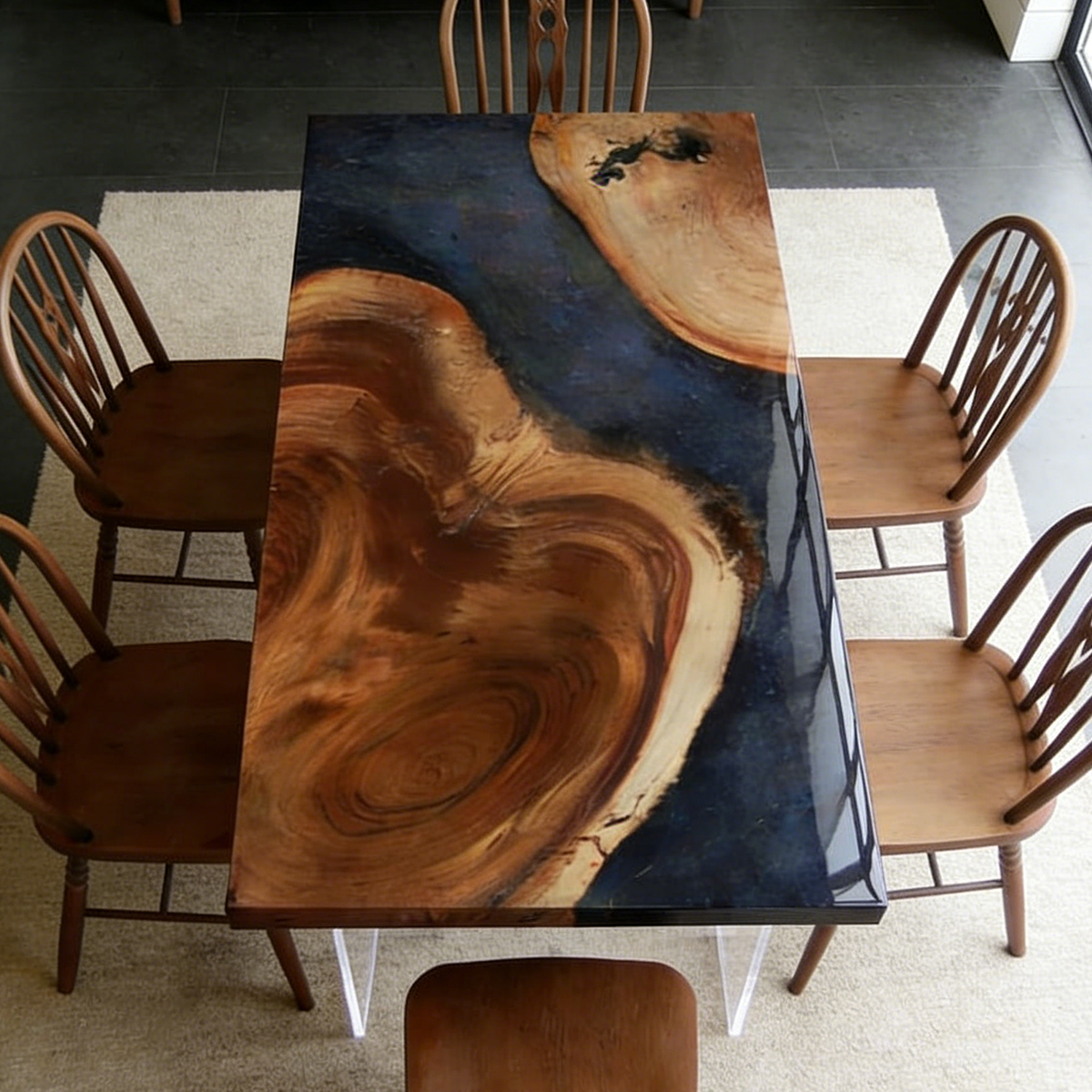 Rectangular Burl Wood Deep Blue Starry Epoxy Resin Dining Table