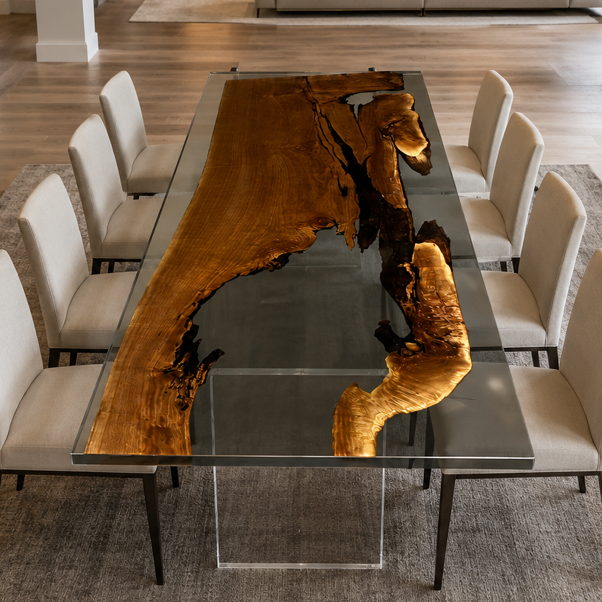 Black Walnut Wood with Black Transparent Epoxy Resin Dining Table 39.4"W x 137.8"L Thickness 2.4"
