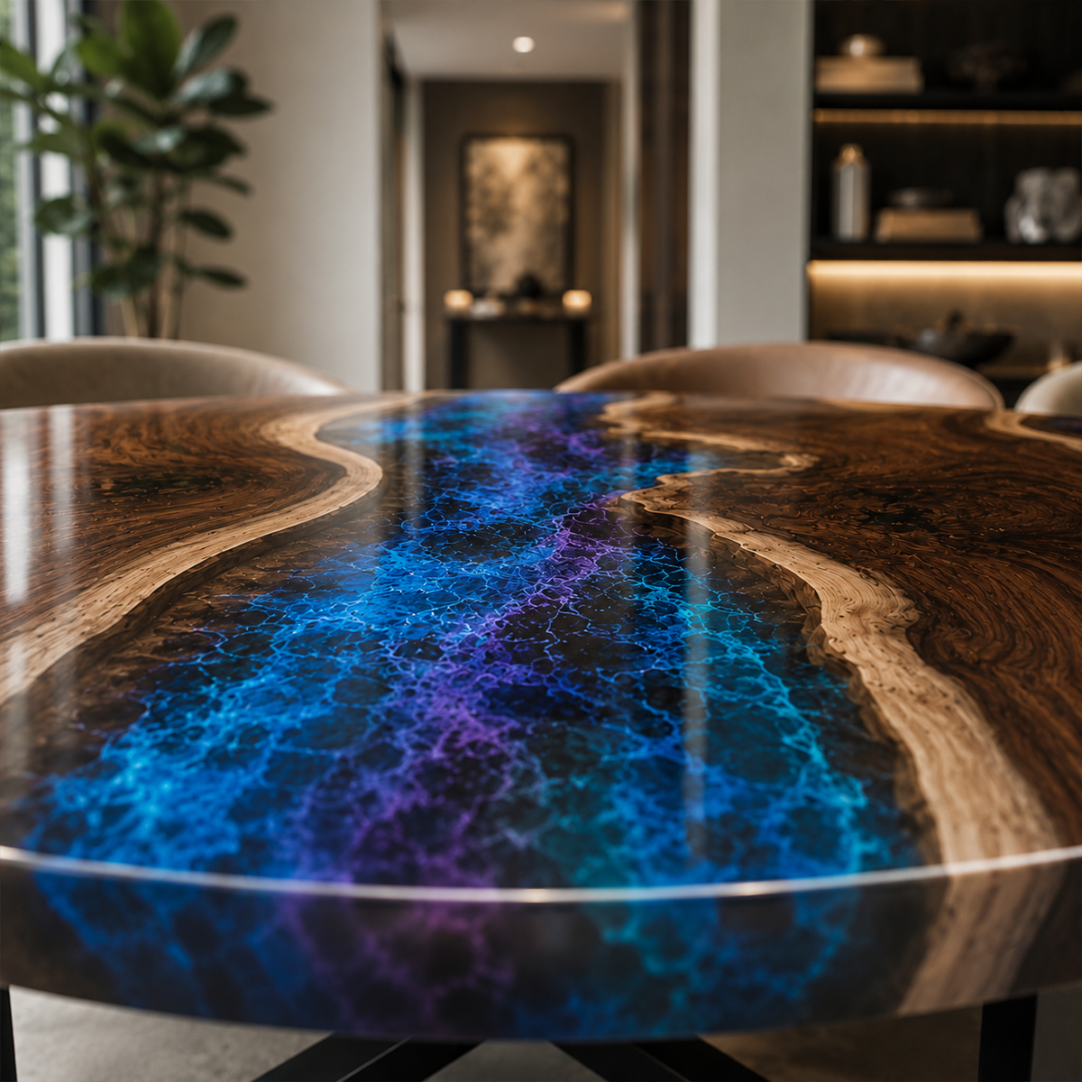 Black Walnut with Sky Epoxy Resin Round Dining Table