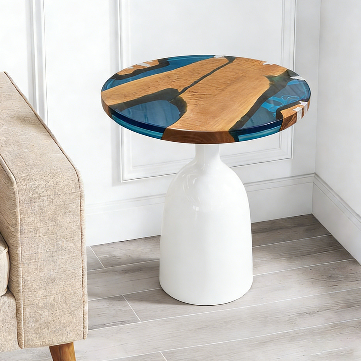 Olive Wood Blue Resin Round Side Table